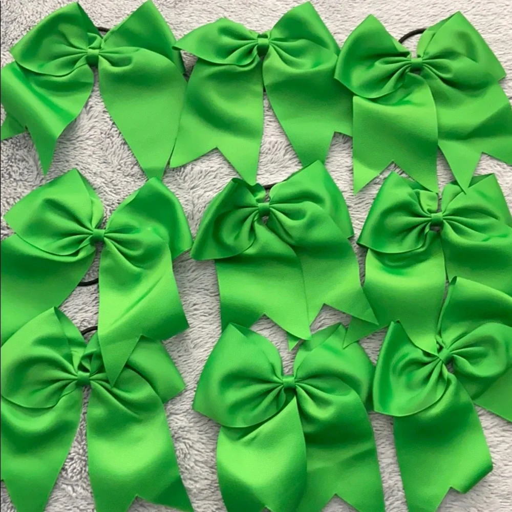 Cheerleading Lot of 9 Green ribbon Hair Bows 6”x6”